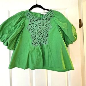 Green Puff Sleeve Top with Lace Detail